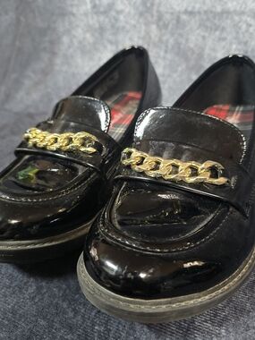 Self Esteem Black Patent Kids Dress Loafers with Gold Chain
